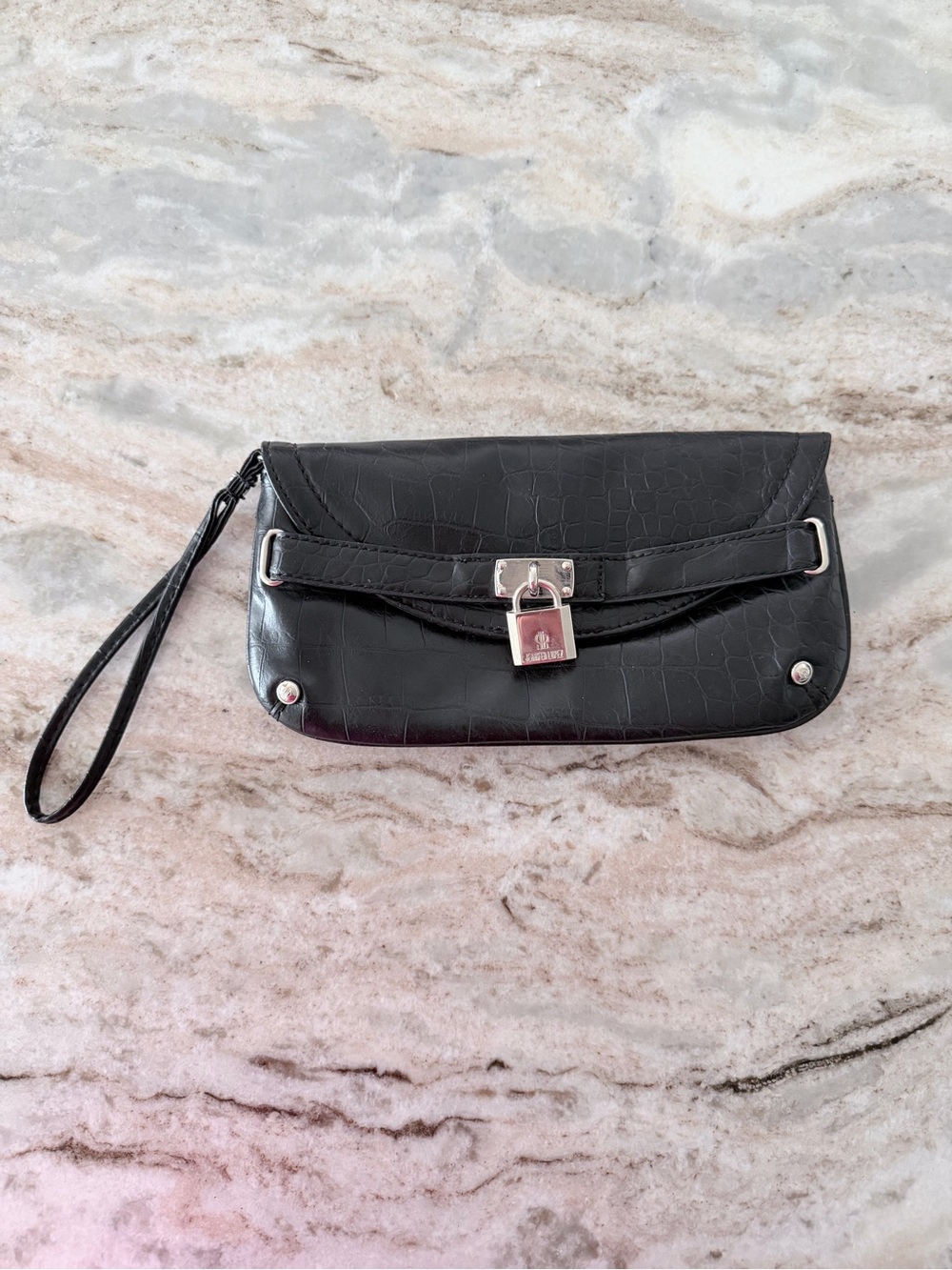 J Lo Black Croc-Embossed Wristlet Clutch with Silver Lock 9.5” W x 5.5” H